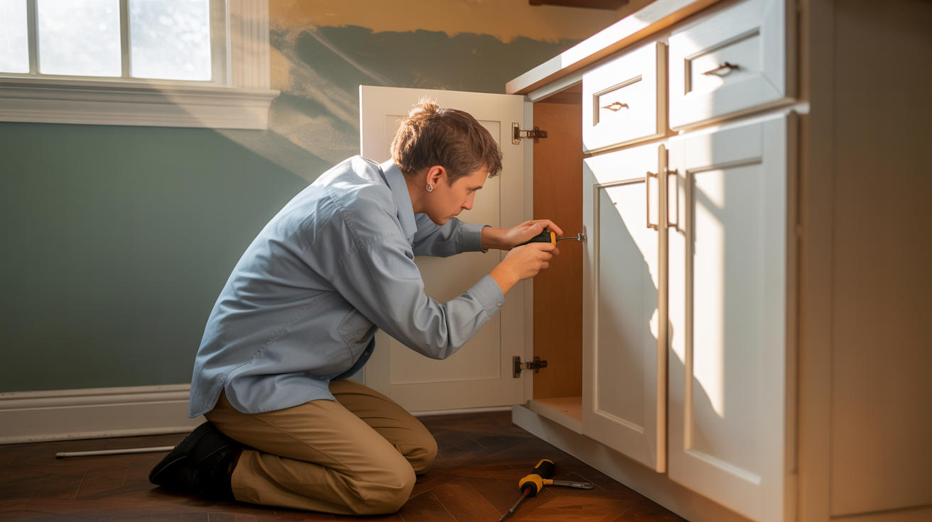 A person fixing a cabinet hinge or painting a wall